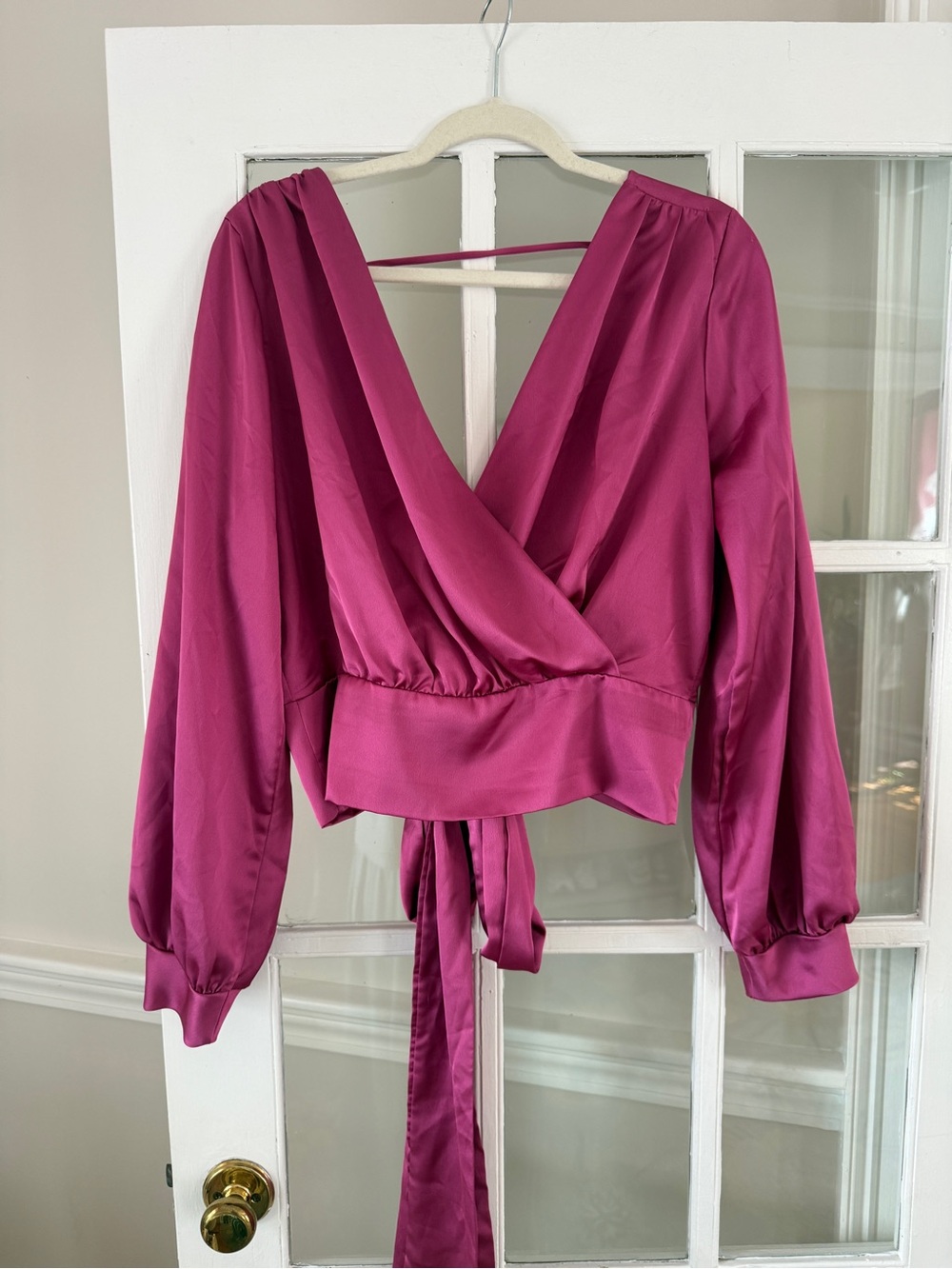 Renee C.  Magenta Satin V-Neck Long Sleeve Wrap Top